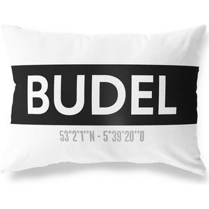 Tuinkussen BUDEL - NOORD-BRABANT met coördinaten - Buitenkussen - Bootkussen - Weerbestendig - Jouw Plaats - Studio216 - Modern - Zwart-Wit - 50x30cm