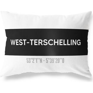 Tuinkussen WEST-TERSCHELLING - FRIESLAND met coördinaten - Buitenkussen - Bootkussen - Weerbestendig - Jouw Plaats - Studio216 - Modern - Zwart-Wit - 50x30cm