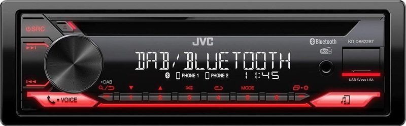 JVC KD-DB622BT CD-autoradio met DAB+ en Bluetooth handsfree (geluidsprocessor, USB, AUX-In, Spotify Control, 4 x 50 watt, rode toetsverlichting, zonder antenne)
