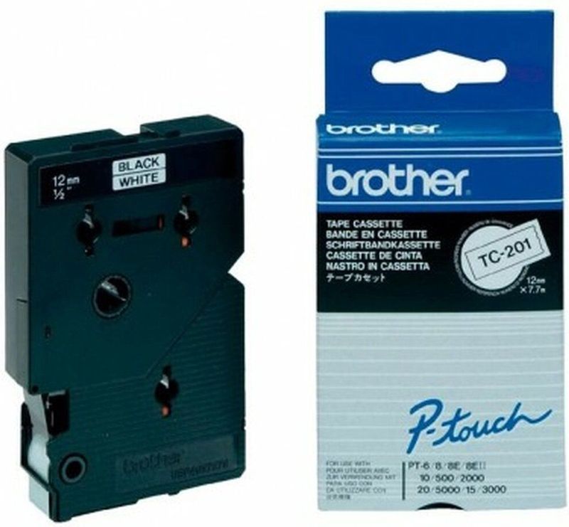 Laminated Tape for Labelling Machines Brother TC-201 12 mm x 7,7 m White/Black