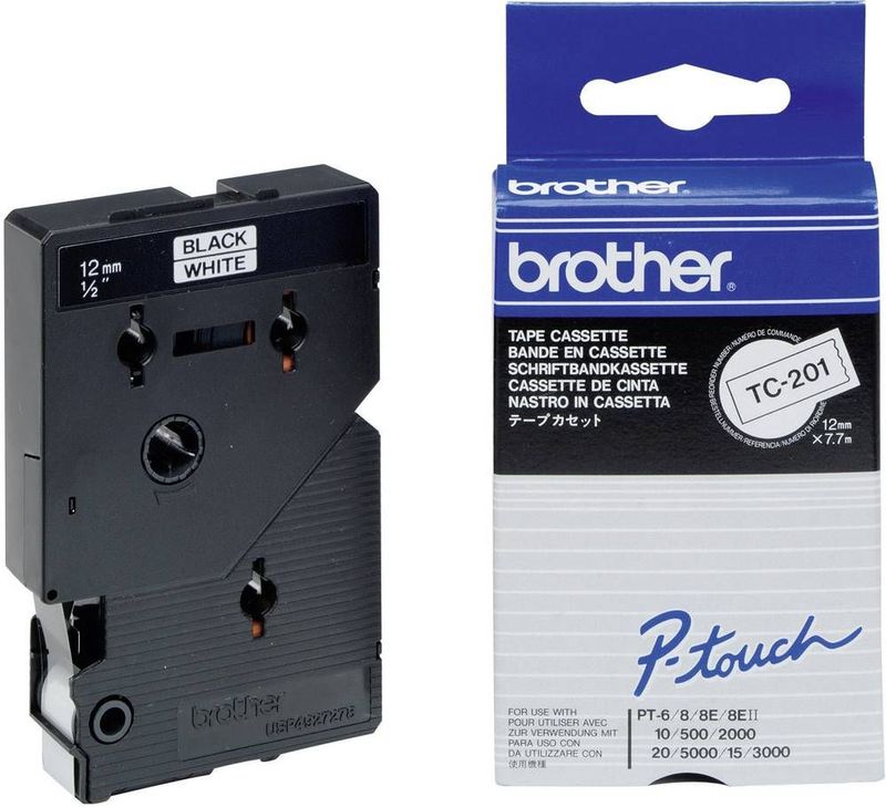 Laminated Tape for Labelling Machines Brother TC-201 12 mm x 7,7 m White/Black