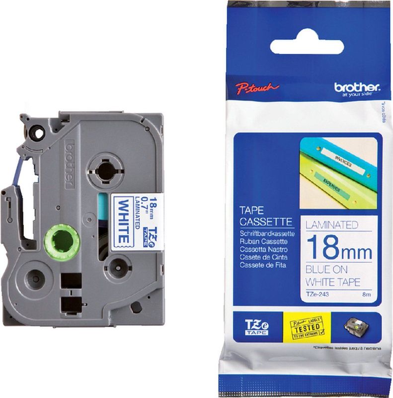 Brother - TZe-243 - Tape - Blauw op Wit - 18 mm - 8 Meter