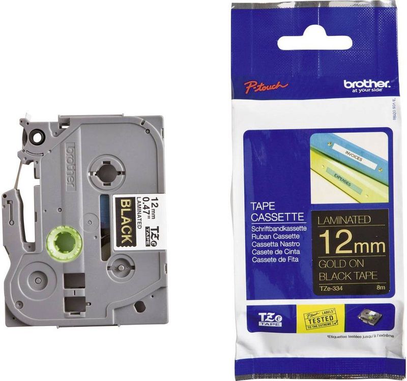Brother - TZe-334 - Tape Goud op Zwart - 12 mm - Lengte 8 Meter