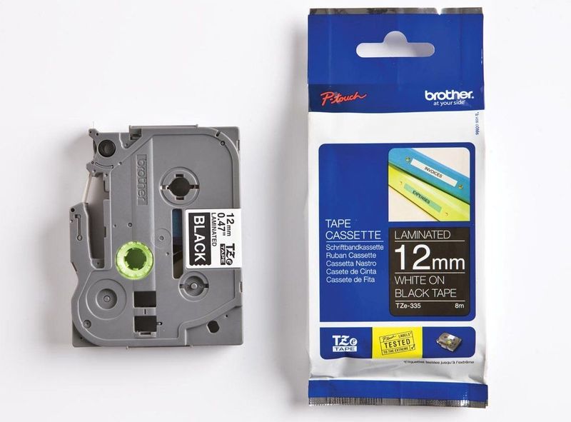 Brother Gloss Laminated Labelling Tape - 12mm, White/Black labelprinter-tape TZ