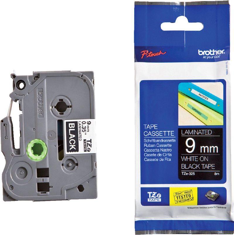 Brother - TZe-325 Tape - Wit op Zwart - 9 mm - 8 Meter