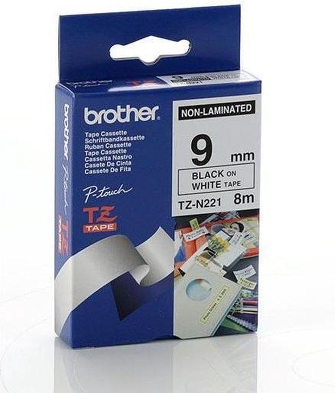Brother - TZ-N221 - Etiketteringstape - Zwart op Wit - 9mm x 8m