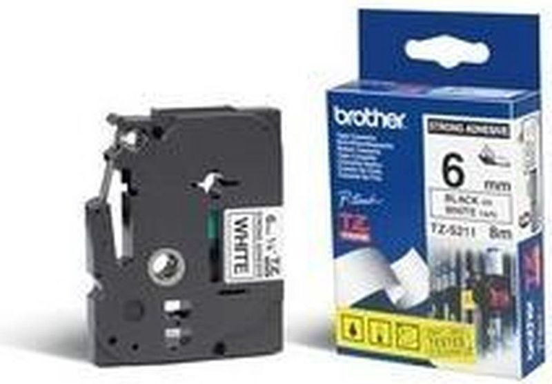 Brother Tape TZe-S211 Zwart op wit (6 mm)