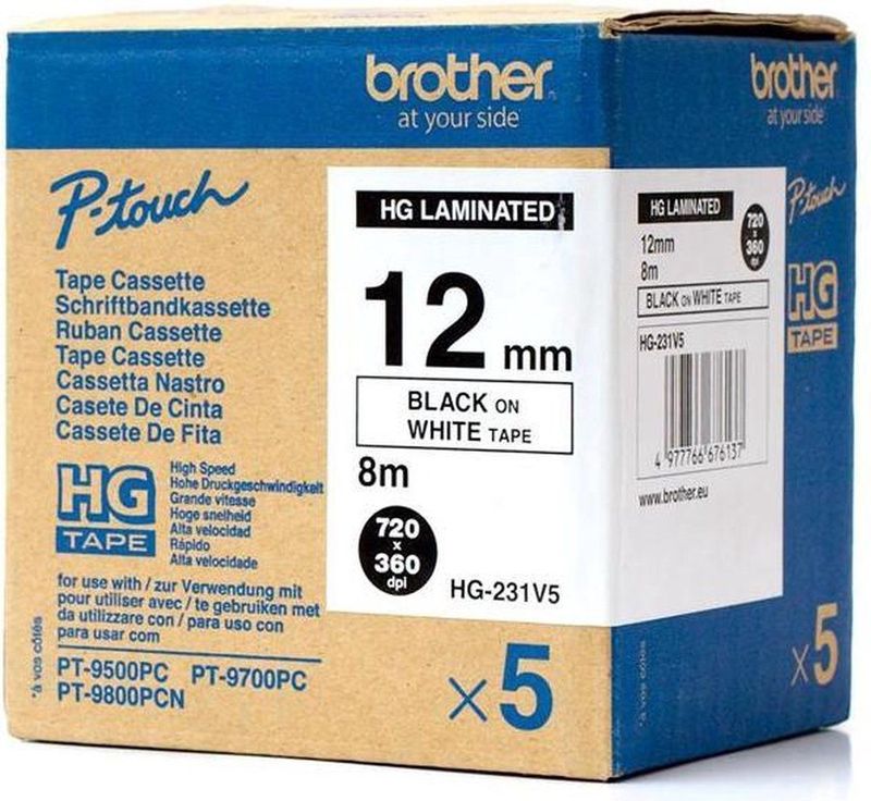 Brother HGe-231V5 Labeltape Set van 5 stuks Tapekleur: Wit Tekstkleur: Zwart 12 mm 8 m