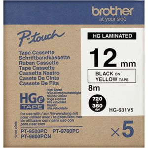 Brother HGe-631V5 hoge resolutie tape zwart op geel 12 mm 5 stuks (origineel)