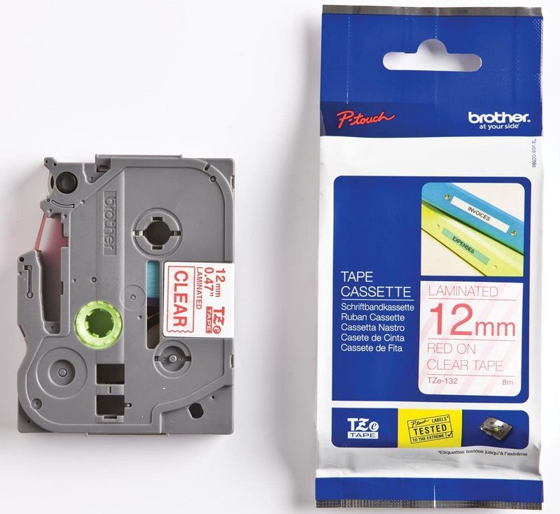 Brother TZE-132 labelprinter-tape Rood op transparant