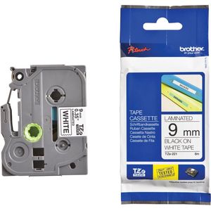 Labeltape Brother P-touch TZe-221 standaard 9mm zwart op wit | 25 stuks