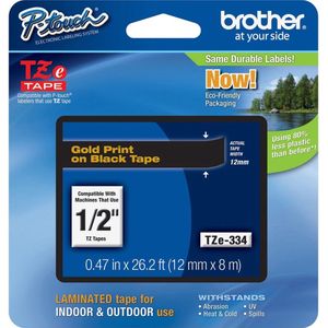Brother TZE-334 labelprinter-tape Goud op zwart