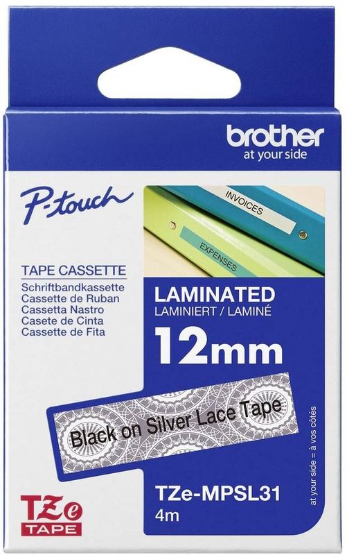 Labeltape met patroon Brother TZe, TZ TZe-MPSL31 Tapekleur: Wit (met zilveren motief) Tekstkleur:Zwart 12 mm 4 m