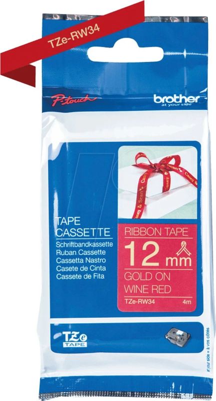 Labeltape textiel ongelamineerd Brother TZe, TZ TZe-RW34 Tapekleur: Wijnrood Tekstkleur:Goud 12 mm 4 m