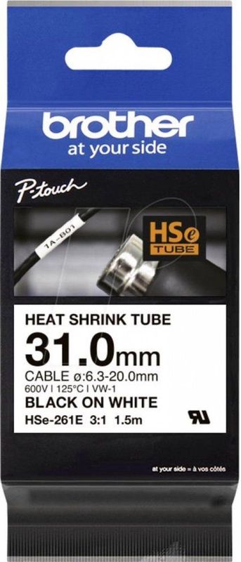 Labeltape krimpkous Brother Hse HSE261E Tapekleur: Wit Tekstkleur:Zwart 31 mm 1.5 m