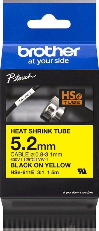 Labeltape krimpkous Brother Hse HSE611E Tapekleur: Geel Tekstkleur:Zwart 5.2 mm 1.5 m