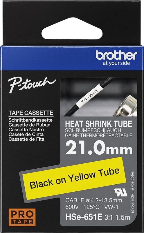 Labeltape krimpkous Brother Hse HSE651E Tapekleur: Geel Tekstkleur:Zwart 21 mm 1.5 m