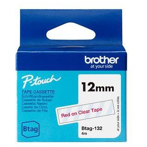Brother Btag-132 niet-gelamineerde tape rood op transparant 12 mm (origineel)