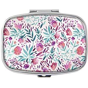 Schattige bloemen pillendoos met spiegelvak, pillendoosje voor portemonnee of zak, zilverkleurig, rechthoekige pillendoos of vitamine, visolie, pillenorganizer