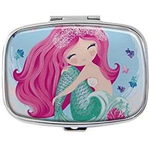 Schattige zeemeermin paarse vis pillendoos met spiegelvak pillendoos voor portemonnee of zak, zilverkleurig, rechthoekige pillendoos of vitamine, visolie, pillenorganizer