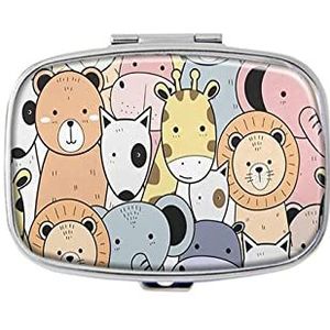 Cartoon Doodle dieren menigte pillendoos met spiegelvak pillendoos voor portemonnee of zak zilver rechthoekige pillendoos of vitamine, visolie, pillenorganisator