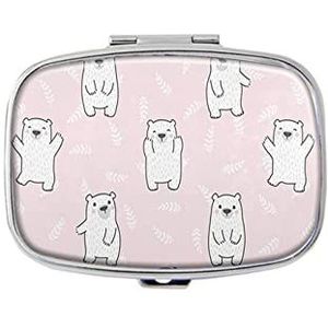 Leuke ijsbeer bladeren pillendoos met spiegelvak pillendoos voor portemonnee of zak zilveren rechthoekige pillendoos of vitamine, visolie, pillenorganisator