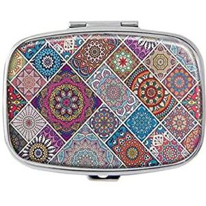 Etnische Element Patroon Pillendoos met Spiegelcompartiment Pillendoos voor Portemonnee of Pocket Zilver Rechthoekige Pillendoos of Vitamine, Visolie, Pillenorganisator