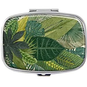 Monstera Palmbladeren Pillendoos met spiegelvak pillendoos voor portemonnee of zak zilver rechthoekige pillendoos of vitamine, visolie, pillenorganisator