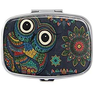 Uil in tribal pillendoos met spiegelvak pillendoos voor portemonnee of zak zilver rechthoekige pillendoos of vitamine, visolie, pillenorganisator