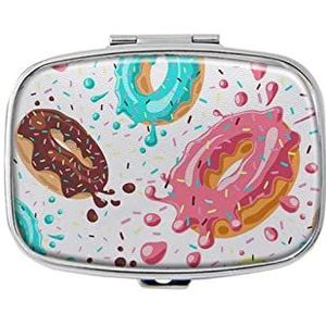 Kleurrijke Donuts Pillendoos met Spiegel Compartiment Pillendoos voor Portemonnee of Pocket Zilver Rechthoekige Pillendoos of Vitamine, Visolie, Pil Organizer