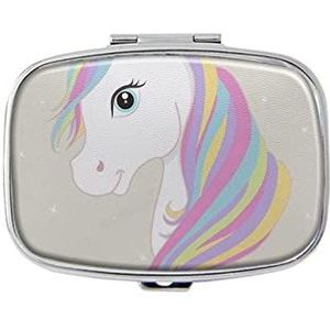 Leuke cartoon eenhoorn pillendoos met spiegelvak pillendoos voor portemonnee of zak, zilverkleurig, rechthoekige pillendoos of vitamine, visolie, pillenorganizer