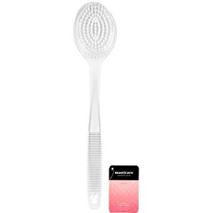 Manicare Witte plastic badborstel, exfoliërende, lange behandelde spa doucheborstel, antislip handvat, rugwasmachine, goed voor circulatie, cellulitis en droge huid, droog borstelen, rug- en