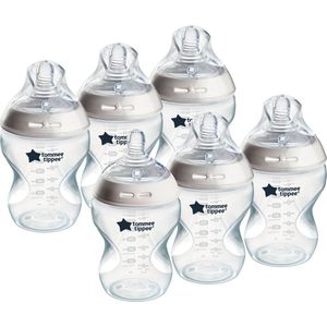 Tommee Tippee Natural Start babyflessen, tepelvormig voor natuurlijk zuigen, anti-koliek ventiel met langzame uitstroomsnelheid, bpa-vrij babyfles, flesvoeding - 260 ml - 6 stuks - doorzichtig