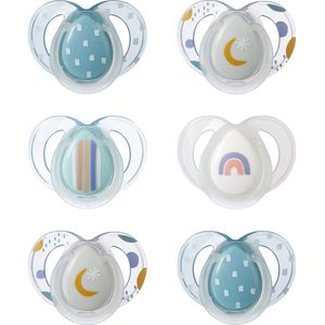 Tommee Tippee Fopspenen voor's nachts, symmetrisch orthodontisch ontwerp, BPA-vrij siliconen zakje, 6-18 m, verpakking van 6 dummies