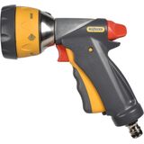 <p>Deze Hozelock tuinslang spuitpistool Multi Spray Ultramax is een duurzaam en veelzijdig gereedschap voor in de tuin. Het pistool heeft een volledig metalen behuizing en een verlengde mannelijke aansluiting, waardoor het extra stevig en betrouwbaar is.</p>
<p>De rubberen zachte-grip behuizing op het lichaam en de kop van het pistool zorgen voor extra bescherming en duurzaamheid. Hierdoor ligt het pistool comfortabel in de hand en is het bestand tegen slijtage.</p>
<p>Het Multi Spray Ultramax pistool is voorzien van een unieke sproeiregelaar. Door de trekker harder in te drukken, neemt de waterstroom toe. Dit is handig bij het besproeien van kwetsbare planten of jonge zaailingen, omdat het voorkomt dat ze beschadigd raken door krachtige waterstralen. Daarnaast voorkomt het ook spetters.</p>
<p>Dit waterpistool heeft maar liefst zeven verschillende sproeistanden, waardoor het geschikt is voor diverse tuinklussen. Zo kun je kiezen voor een kegelstraal voor delicaat sproeien, een krachtige straal voor het reinigen, een snel vullende straal voor het opvullen van een zwembad, vijver, emmers en gieters, een brede straal voor het reinigen van grotere oppervlaktes, een nevelstand voor kwetsbare planten en jonge zaailingen, een belucht patroon voor het toevoegen van zuurstof tijdens het spuiten, en een fijne nevel voor voorzichtig sproeien.</p>
<p>De ergonomische greep van het pistool bevat een trekker slot, waardoor je constant kunt blijven sproeien zonder de trekker ingedrukt te hoeven houden. Daarnaast is er een eenvoudig te gebruiken sproeiregelaar aanwezig, waarmee je volledige controle hebt over de waterstraal.</p>
<ul>
  <li>Kleur: grijs</li>
  <li>Materiaal: metaal</li>
  <li>Met volledig metalen behuizing voor uitzonderlijke kracht en duurzaamheid</li>
  <li>Afsluitbare trekker met aparte straalregelaar</li>
  <li>Ergonomische grip</li>
  <li>De universele mannelijke slang aansluiting is compatibel met alle Hozelock aansluitingen</li>
  <li>Zeven sproeipatronen:</li>
  <ul>
    <li>Kegelvormige straal voor delicate besproeiing</li>
    <li>Krachtige straal voor reinigen</li>
    <li>Snelle vulling voor het opvullen van een zwembad, vijver, emmers of gieters</li>
    <li>Wijde straal voor het reinigen van grote oppervlaktes</li>
    <li>Nevel voor kwetsbare planten en jonge zaailingen</li>
    <li>Een belucht patroon voor het toevoegen van zuurstof tijdens het spuiten</li>
    <li>Een fijne nevel voor een zachte besproeiing</li>
  </ul>
</ul>