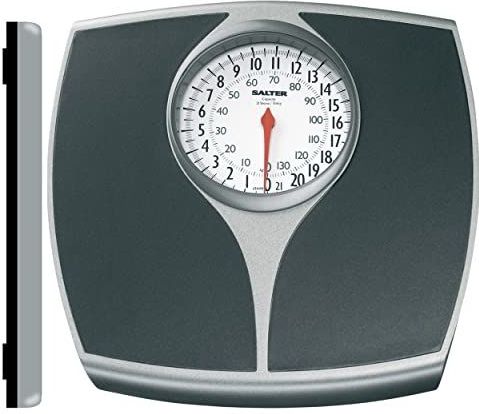 Salter 148 BKSVDR Speedo Dial mechanische badkamerweegschaal, extra grote wijzerplaat voor eenvoudig aflezen, grote platformweegschaal voor lichaamsgewicht, capaciteit 136 kg, geen batterijen nodig, imperiaal/metrisch, zwart/zilver