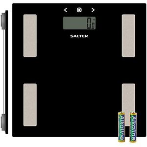 Salter 9150 BK3R Glass Body Analyser Digital Bathroom Scales, Measure Weight BMI Body Fat Body Water, Ultra Slim Platform, 8 User Memory, Easy Read Digital Display, Instant Step-On Reading, Black