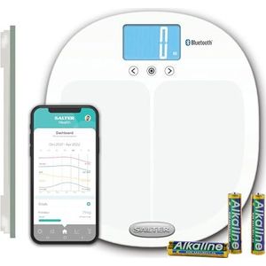 Salter 9192 WH3R Health Curve Bluetooth Smart Bathroom Analyser Scale, Measures Weight, Body Fat/Water, Muscle/Bone Mass, BMI/BMR, 8 User Memory, Connect to Smartphone using Salter Mibody App, White