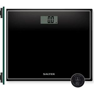 Salter® 9207 BK3R Elektronische personenweegschaal, compact, gemakkelijk af te lezen display, automatische activering, personenweegschaal met platte vorm van glas, maximale capaciteit 150 kg, zwart