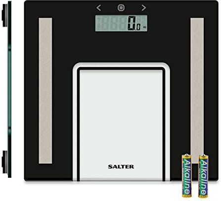 Salter 9128 BK3R Analyser Bathroom Scale – Glass Body Weighing Scales for Weight/Fat/Water, BMI, Digital Display, Slim Design, 8 User Memory, Athlete Mode, 180 kg Capacity, Batteries Included, Black