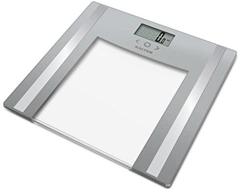 Salter 9182 SV3R badkamerweegschaal met glasanalyse, maximale capaciteit 150 kg, meet lichaamsvet/water, spier-/botmassa, BMI, geheugen voor 8 gebruikers, sportmodus, gemakkelijk af te lezen display, zilver