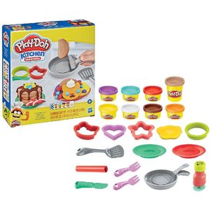 Play-Doh Kitchen Creations Flip in de Pan-speelset, 14-delige speelgoedset met ontbijtthema voor kinderen vanaf 3 jaar en boetseerklei in 8 kleuren