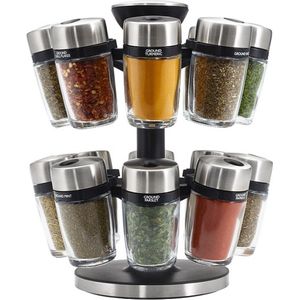 Cole & Mason H121808 Cambridge 16 Glazen Potten Kruidencarrousel, Kruidenrek 360° Draaibaar, Keuken Aanrecht Organisator, Roestvrij Staal/Glas, Specerijen/Kruiden Inbegrepen, 2 Jaar Garantie