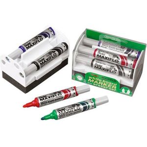 Pentel Maxiflo Borstel + 4 markers met medium conische punt, zwart/blauw/rood/groen