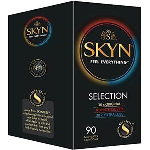 SKYN Selection Condooms Pak van 90 en 2 doekjes, voel latexvrije condooms voor heren, 30 x origineel, 30 x intens aanvoelend, 30 x extra glijmiddel, condooms van normale grootte, dunne condooms, 53 mm breed