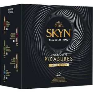 SKYN Unknown Pleasures + : Boîte de 42 préservatifs masculins sans latex / 6x texture intensément perlée, 24x goût de cocktails, 6x ultra-fins et ultra-doux, 6x effet chauffant