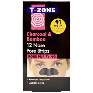 T-Zone Houtskool en bamboe poriënstrips (12 stuks) - Diepe reinigende mee-eterverwijderingsstrips, ontstopt poriën, verwijdert olie en onzuiverheden voor een helderdere, gladdere huid