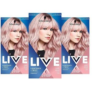 Schwarzkopf Live Haarbleekmiddel + twist, roze haarverf, verpakking van 3 stuks, permanente kleur met 2-in-1-verlichting + pastel, 101 Cool Rose