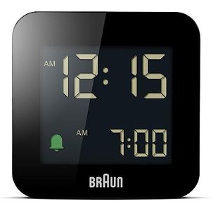 Braun Bc-08-B Digitale wekker, voor reizen, LCD-display, snooze-functie, achtergrondverlichting, mat zwart