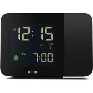 Braun Digital Radio Controlled Projection Alarm Clock For Central European Time Zone (DCF) with 4 Backlight options, Negative LCD Display, Quick Set, Beep Alarm in Black, model BC15B-DCF